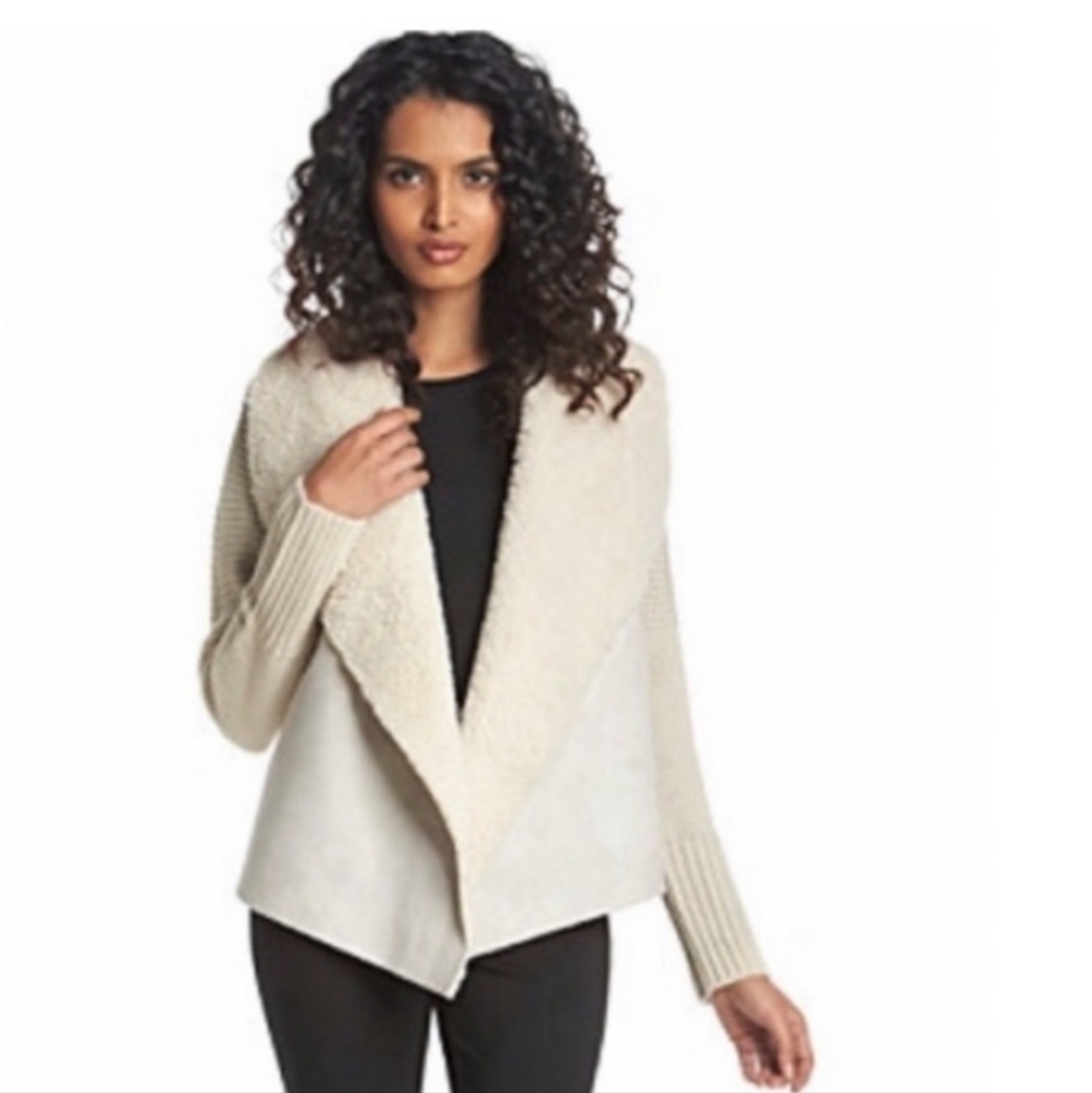 Chelsea & Theodore Faux Suede, Sherpa Knit Open Cardigan Jacket, Sz S